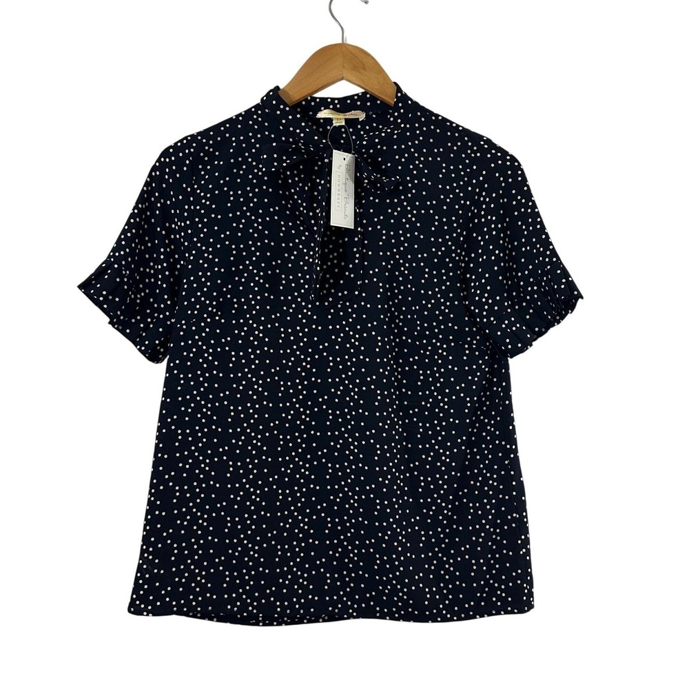 Mimi & Daphne Pleated Tie Neck Blouse Navy Dot Polka Dot Short Sleeve Blouse XS